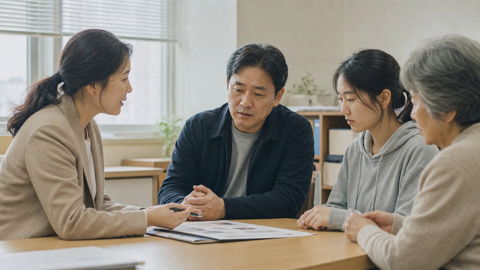 상담실에서 가족에게 돌봄 방식을 안내하는 장면