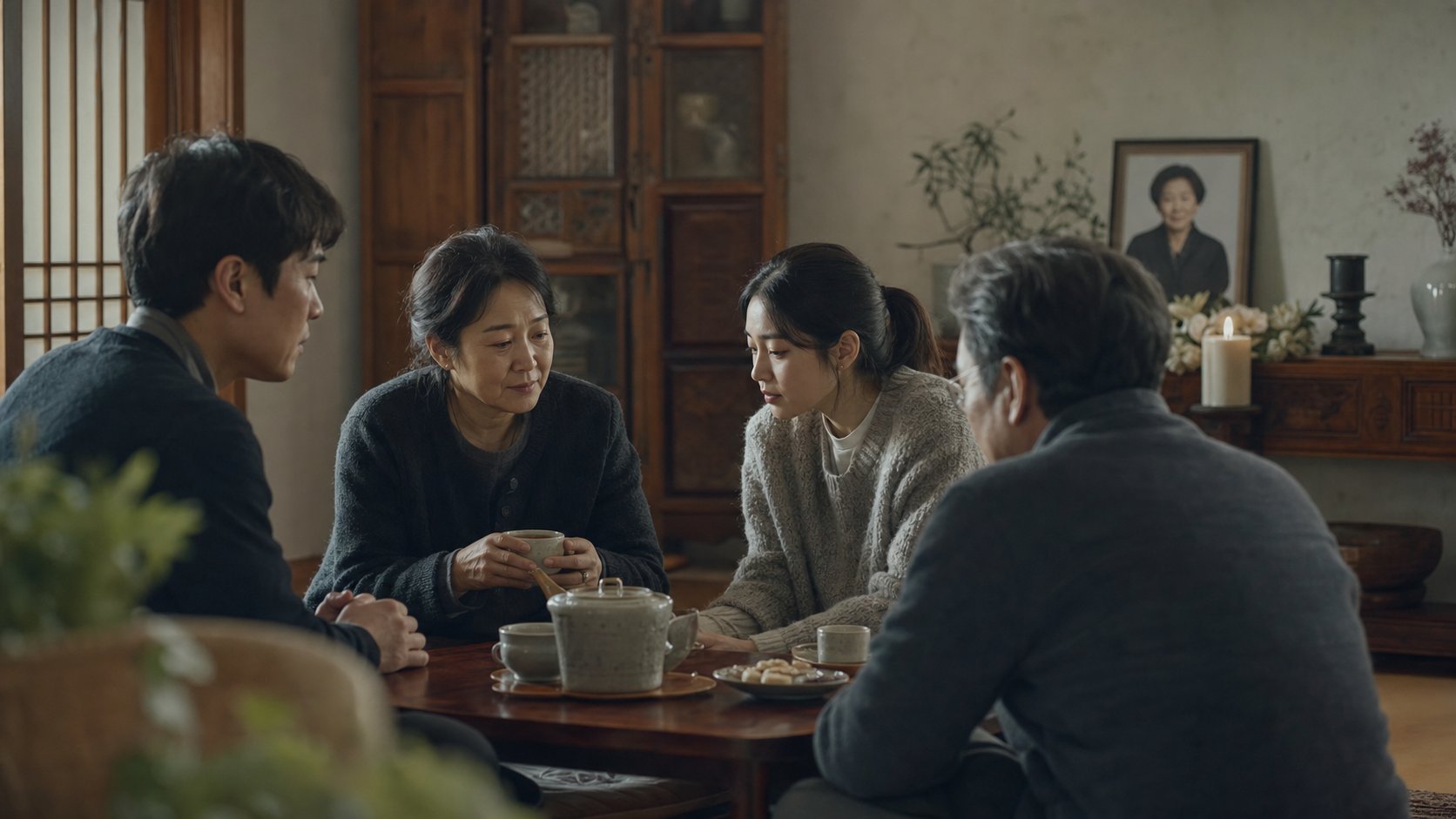 주말에 가족이 모여 고인을 추모하며 담소하는 장면