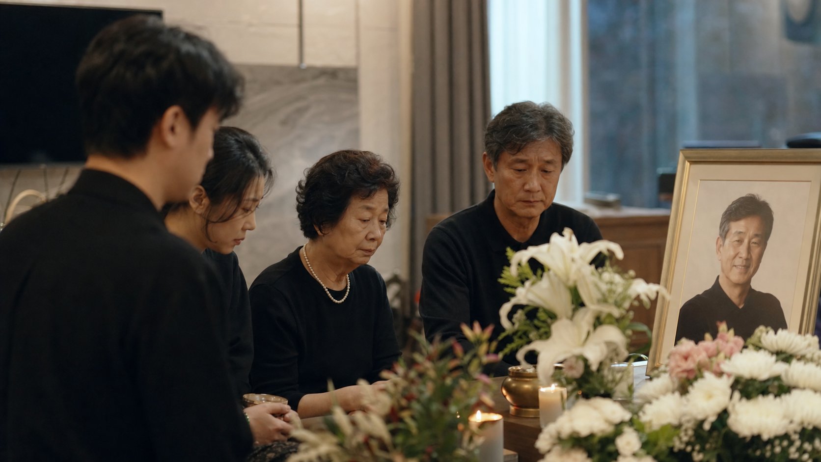 기일에 모인 가족이 고인의 사진 앞에서 차분히 추모하는 현대적 장면
