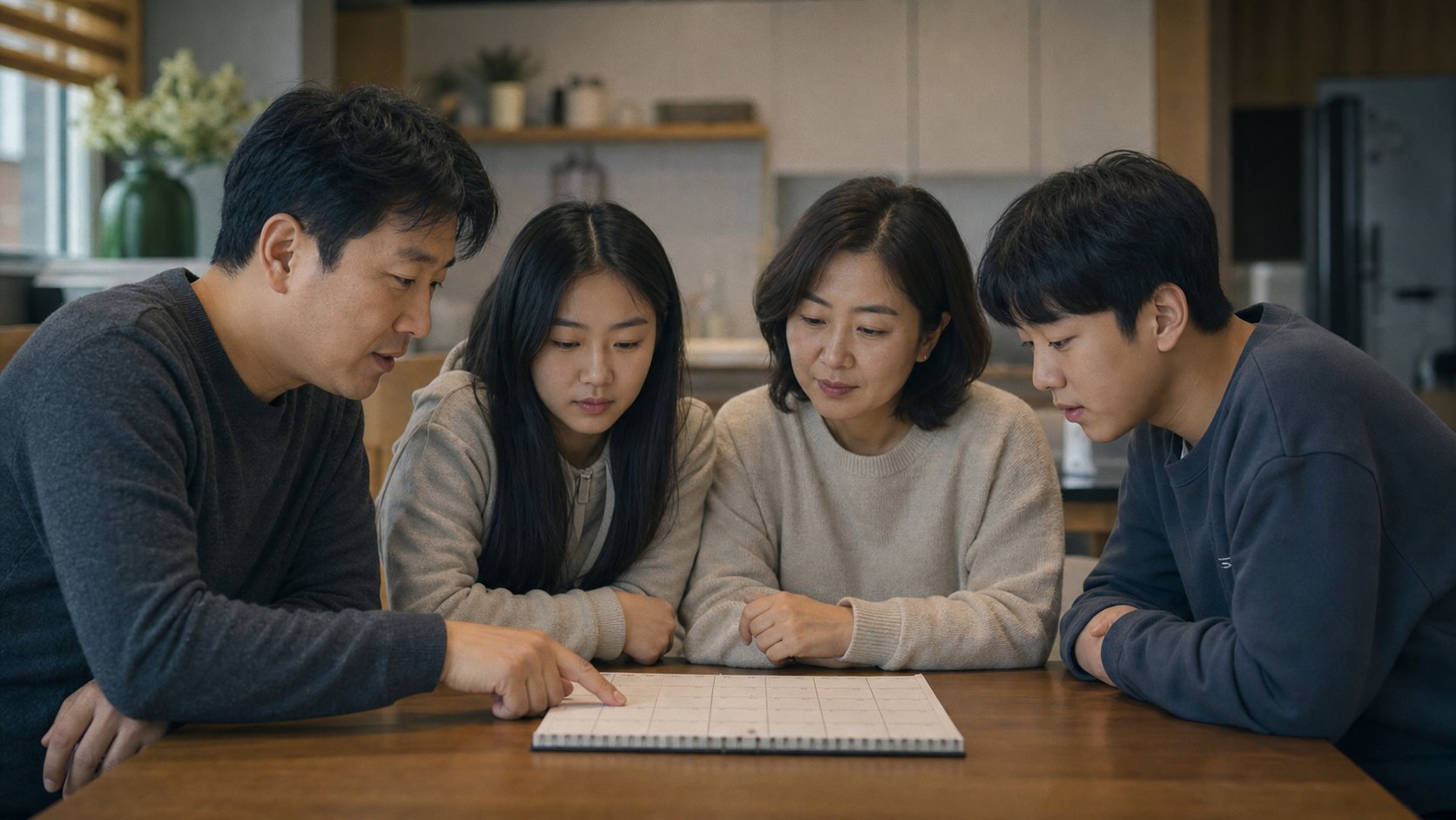 달력에 기일을 표시하며 가족이 추모 일정을 상의하는 장면