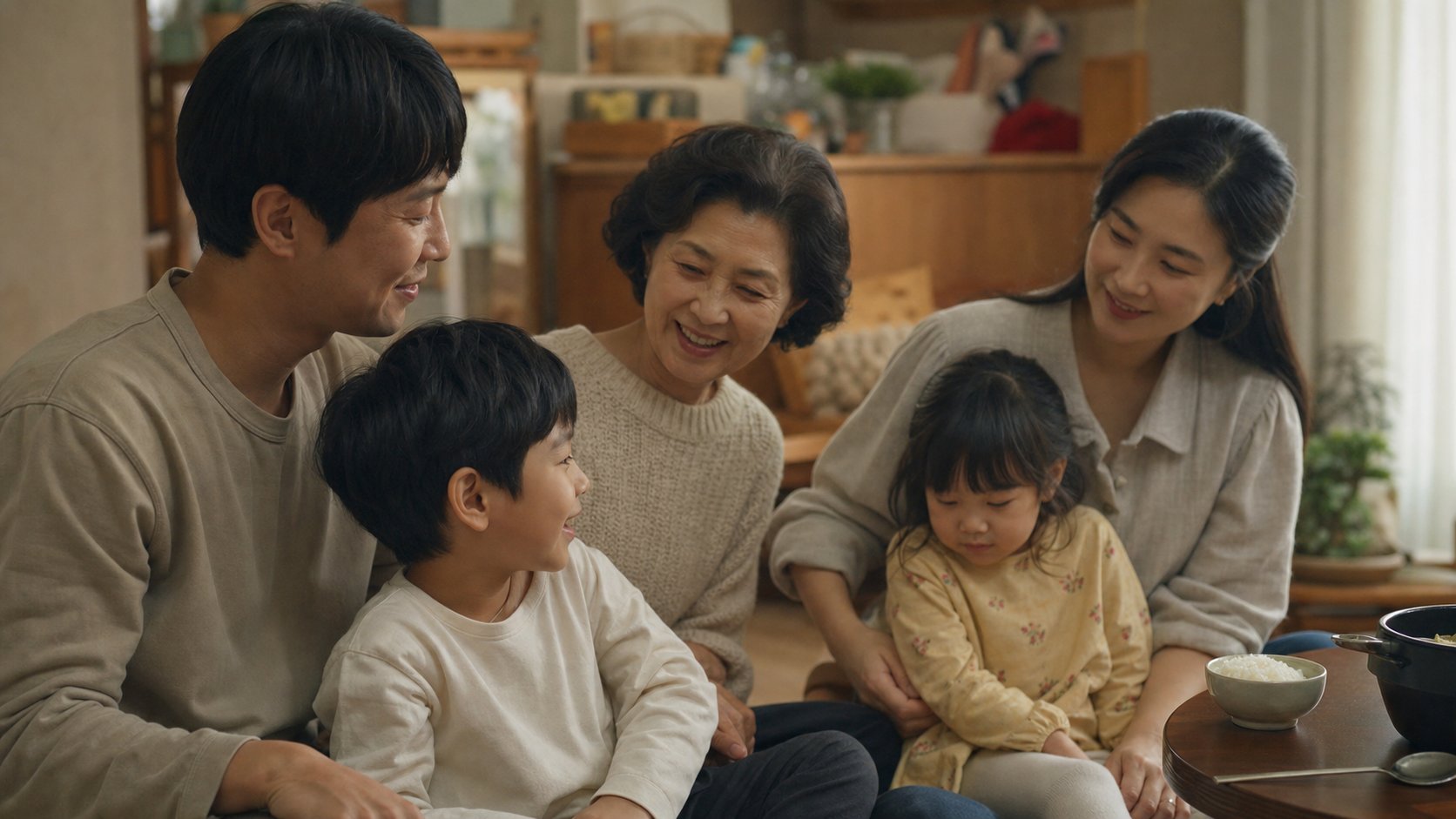 아침 햇살이 든 자리에서 유가족이 고인을 기리며 예를 갖추는 장면