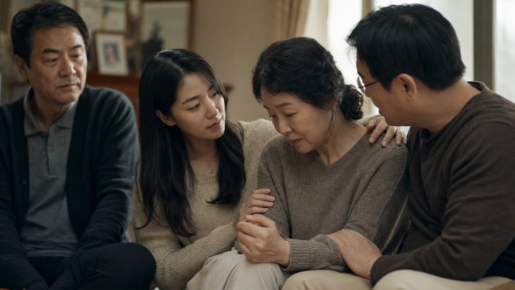 가족이 서로 위로하며 빈소를 함께 지키는 장면
