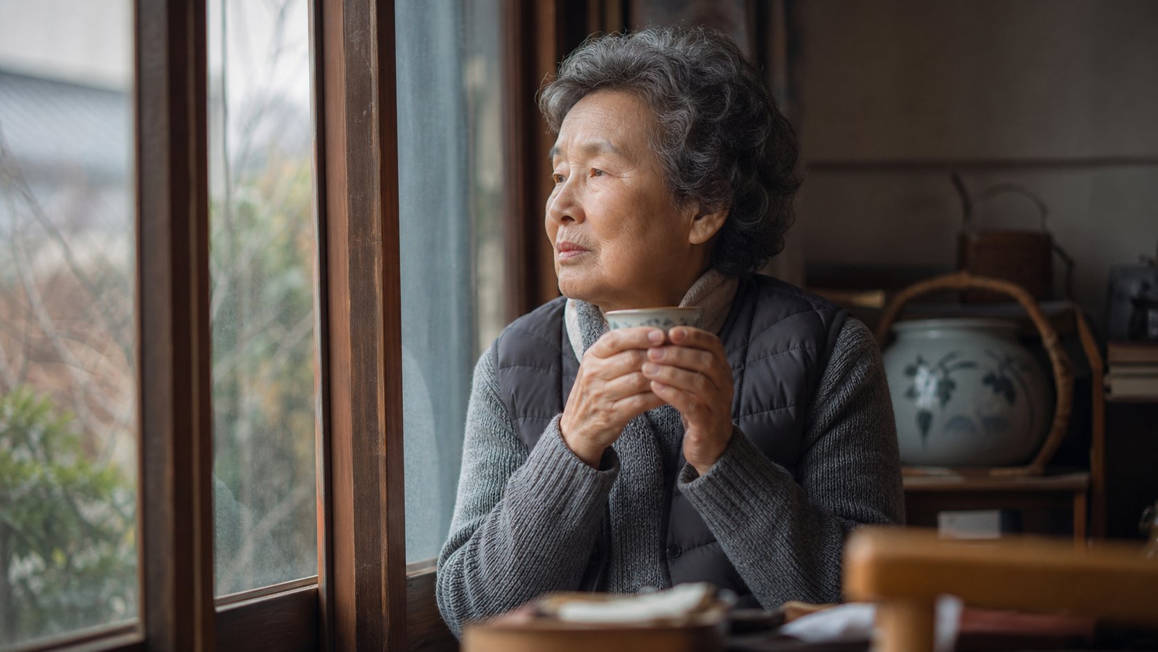 창가에서 차 한잔을 두고 지난 삶을 회상하며 평온한 표정을 짓는 노인