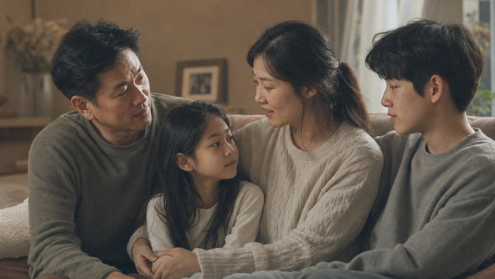 가족이 집 안에 모여 차분히 고인을 기리는 장면