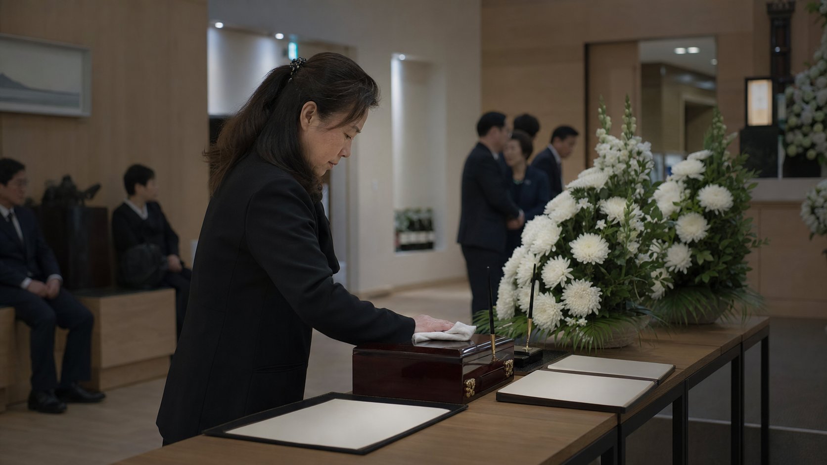 빈소 접수대에서 부의록과 방명록을 정리하는 유가족