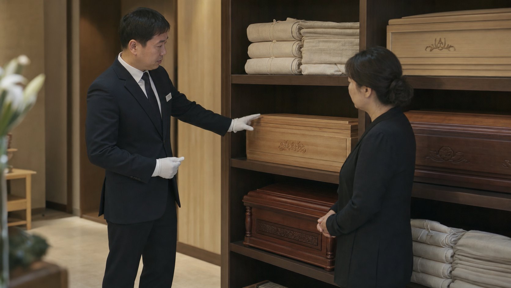 장례용품 전시 공간에서 관과 수의를 안내받는 유가족