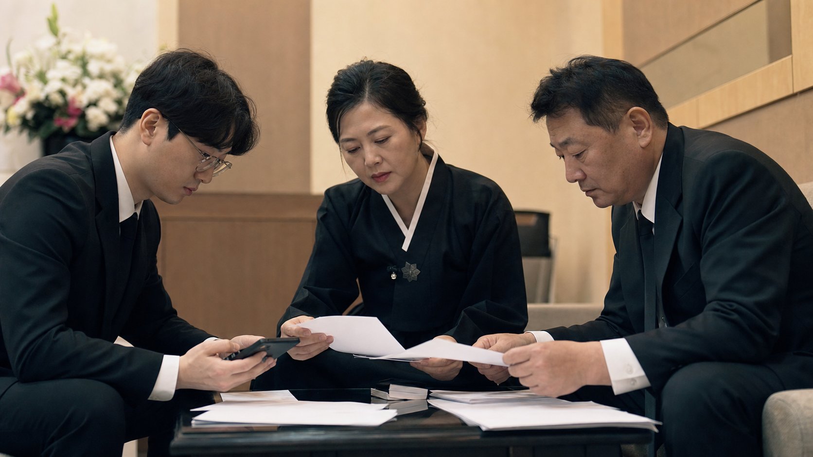 가족들이 함께 모여 정산 내역을 확인하는 모습
