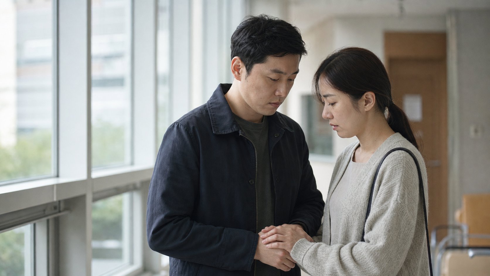 병원 복도에서 서로를 위로하는 가족
