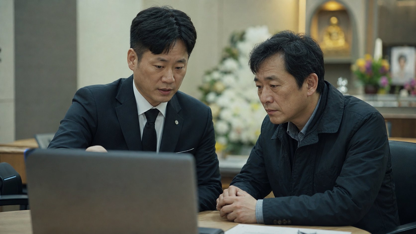 화장장 예약 일정을 확인하는 장례지도사와 유가족