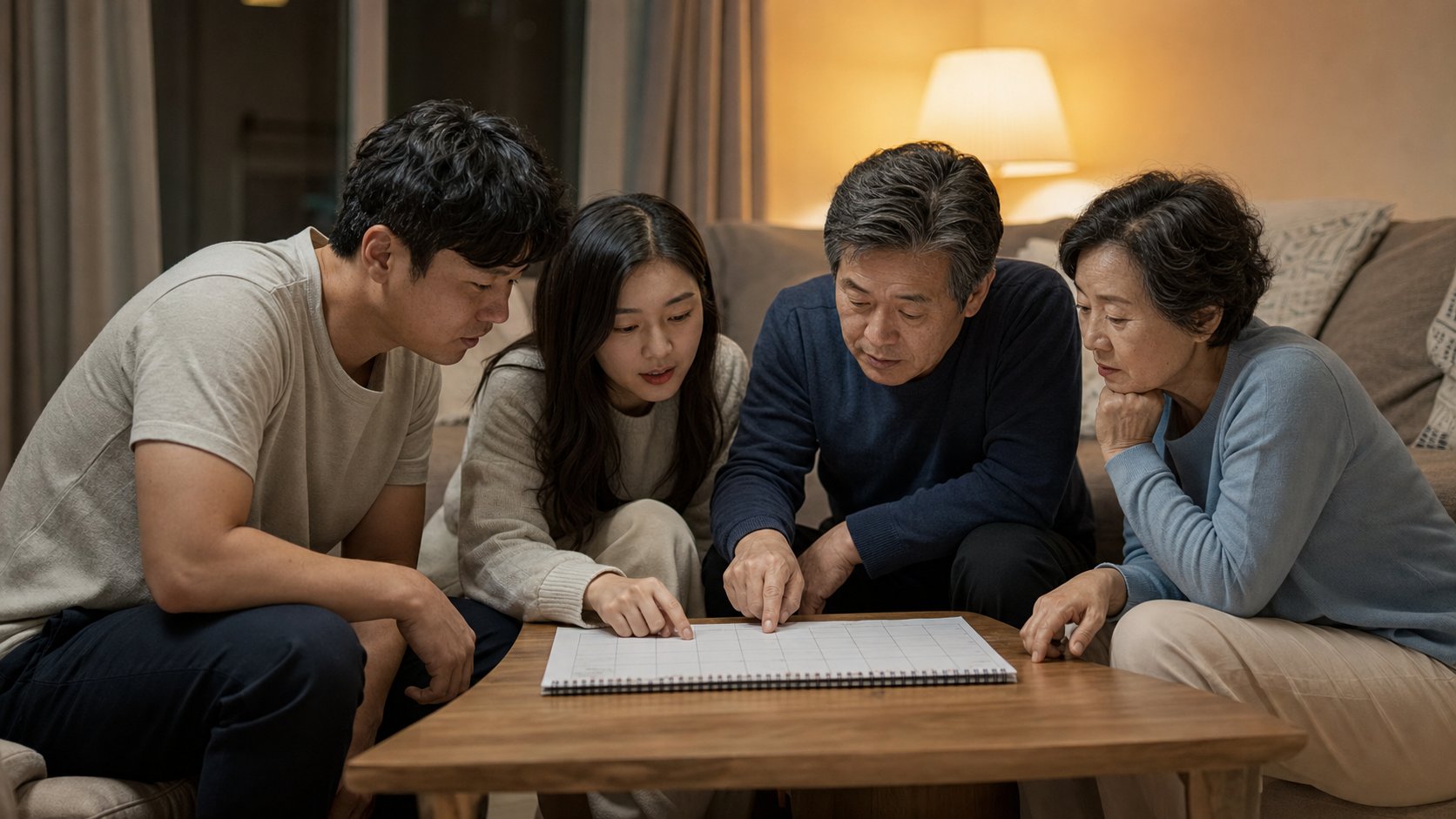 가족들이 달력을 보며 장례 일정을 상의하는 모습
