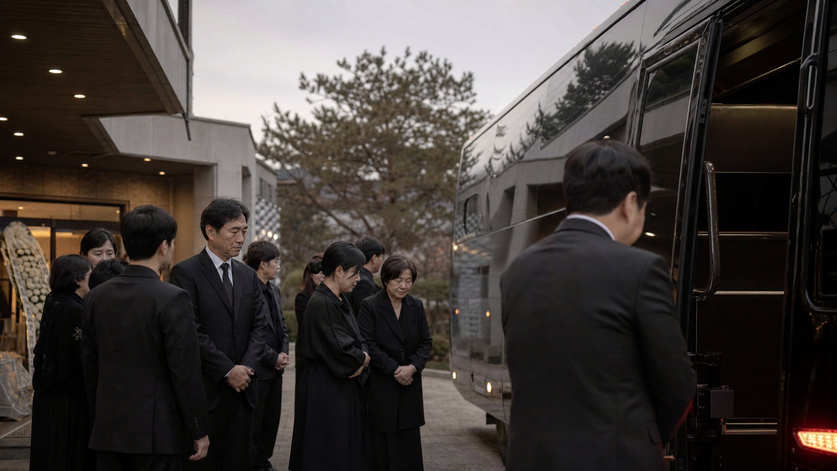 이른 아침 발인을 준비하는 장례식장 앞 운구 버스