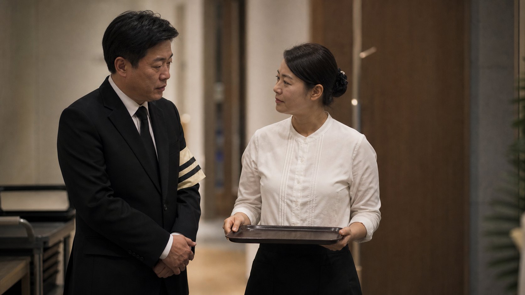 상주가 접객 도우미와 음식 준비 상황을 상의하는 모습