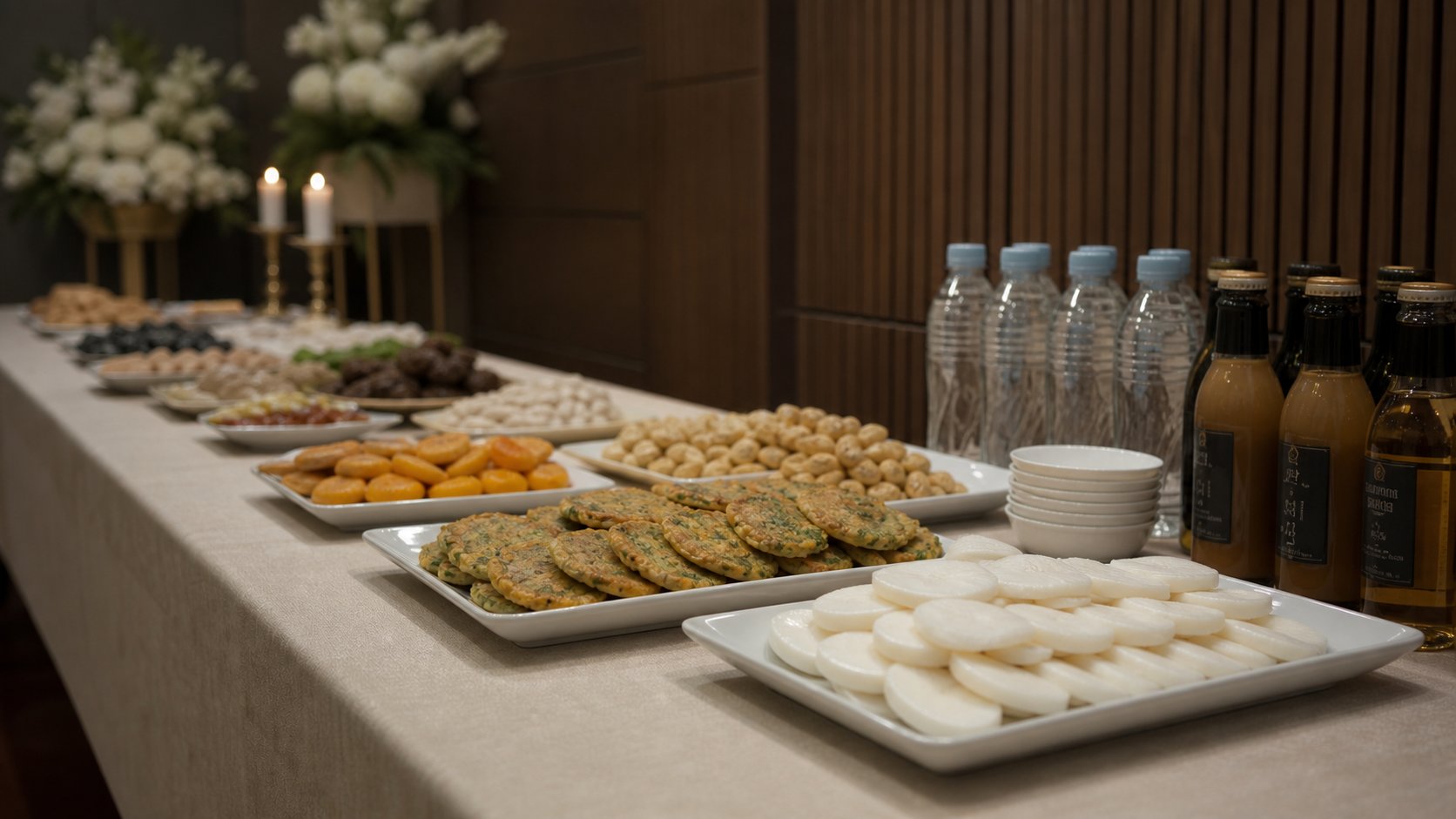 접객 음식이 정갈하게 차려진 빈소 접객 테이블