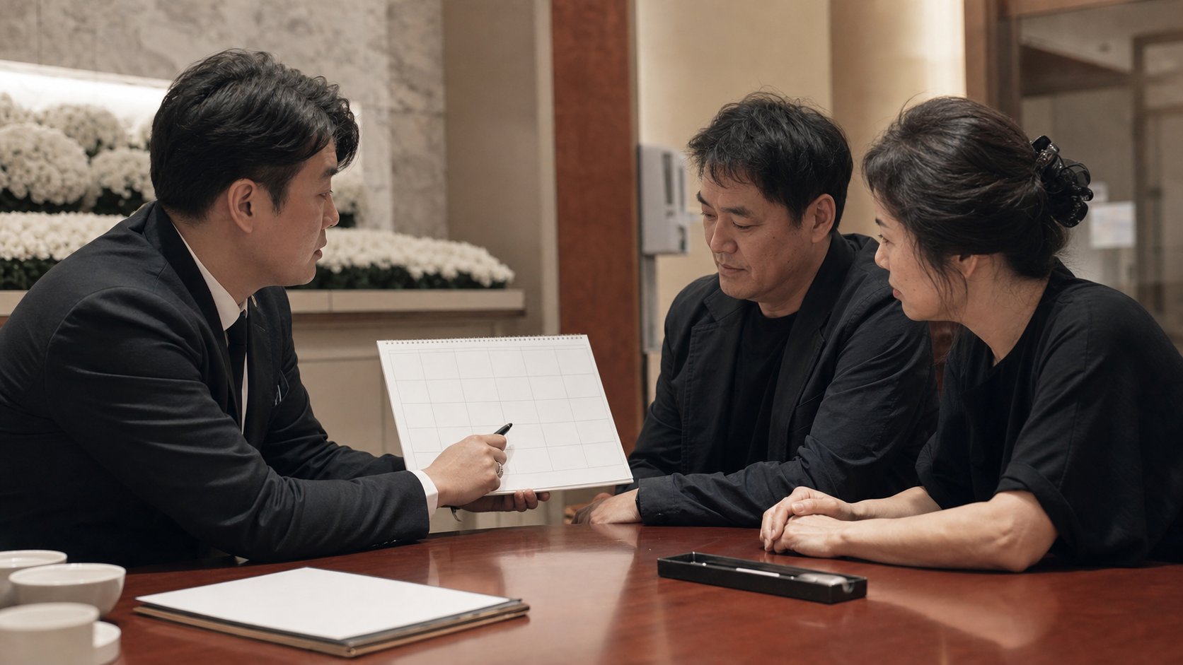 장례지도사가 가족에게 2일장 일정표를 설명하는 모습