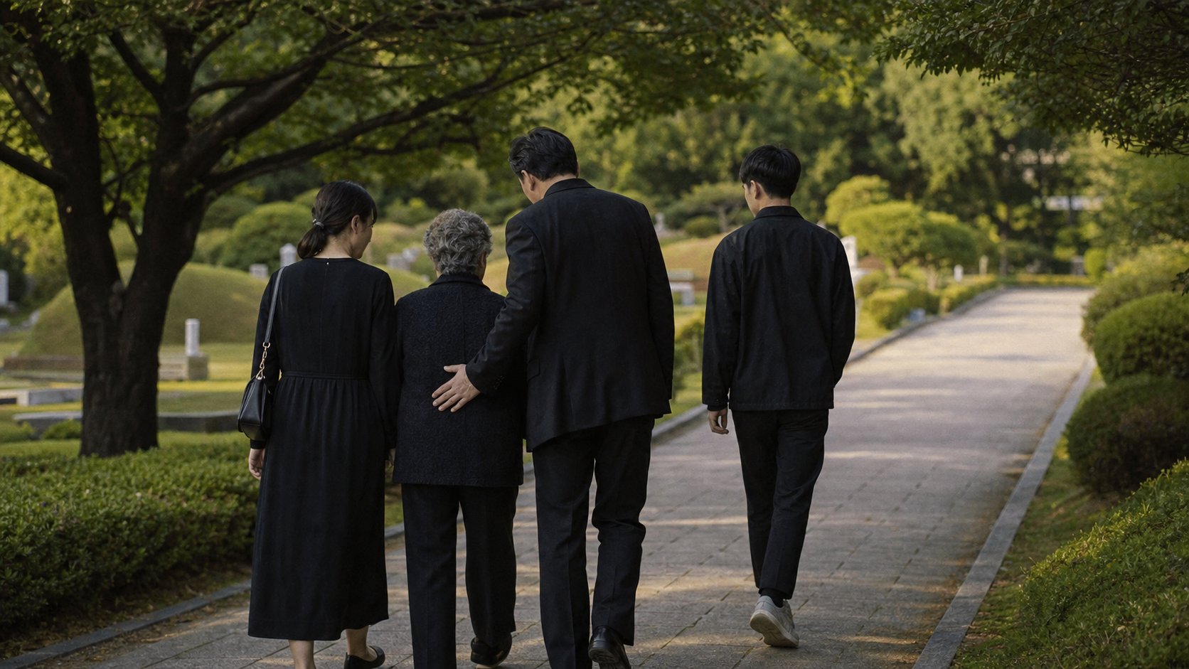 추모공원에서 함께 걸으며 고인을 기리는 가족