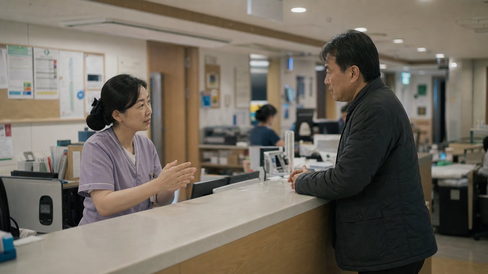 간호사실에서 임종실 이용 안내를 받는 보호자
