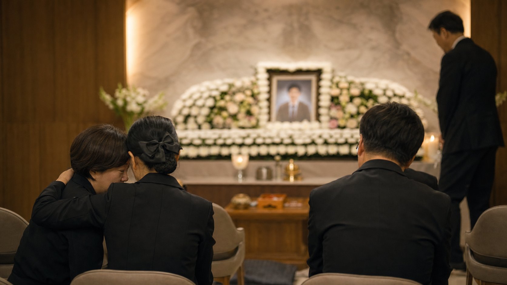 국화 꽃장식과 영정이 놓인 정갈한 빈소 제단