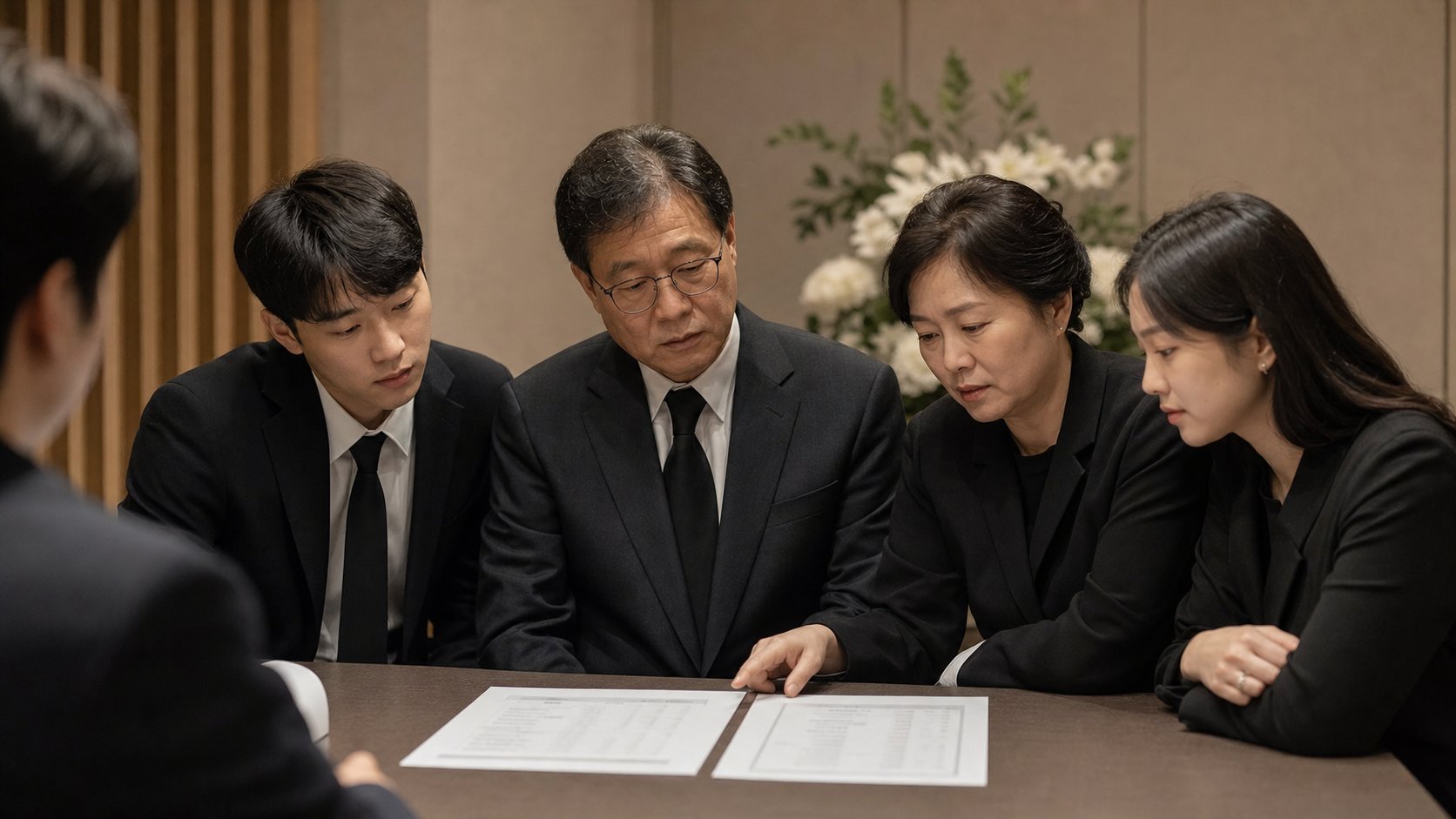상조 구성표와 장례식장 견적서를 나란히 비교하는 가족