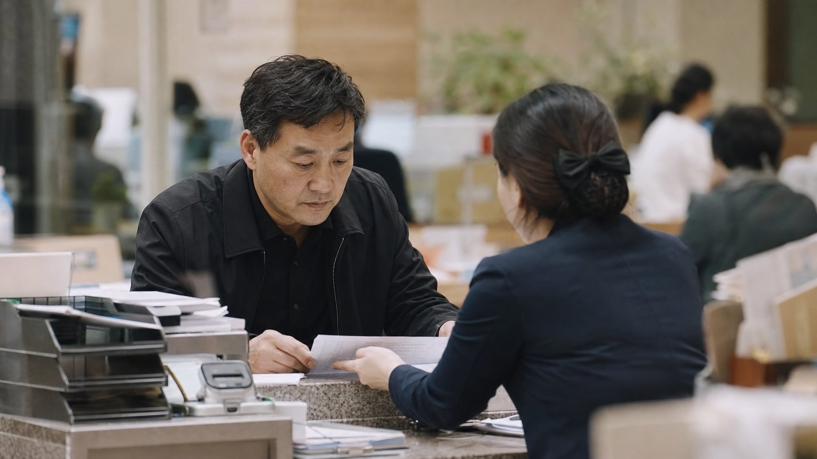 주민센터 창구에서 장례비 지원 제도를 안내받으며 서류를 확인하는 모습