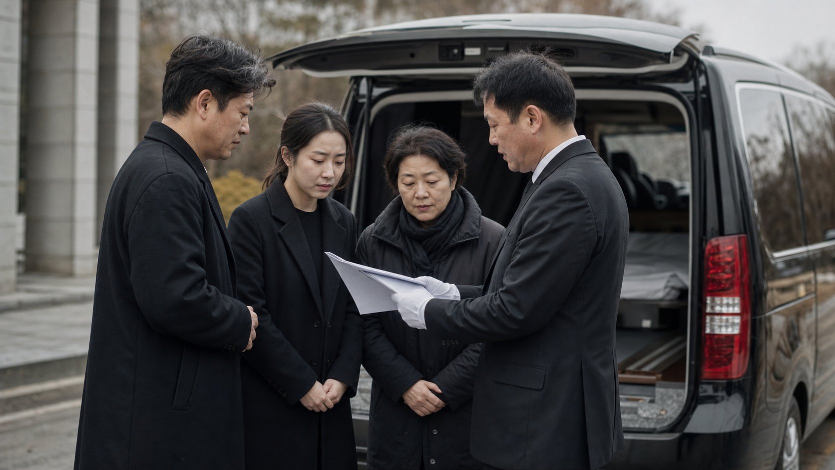 사설 장의차 앞에서 이송 서류를 확인하는 유가족과 담당자