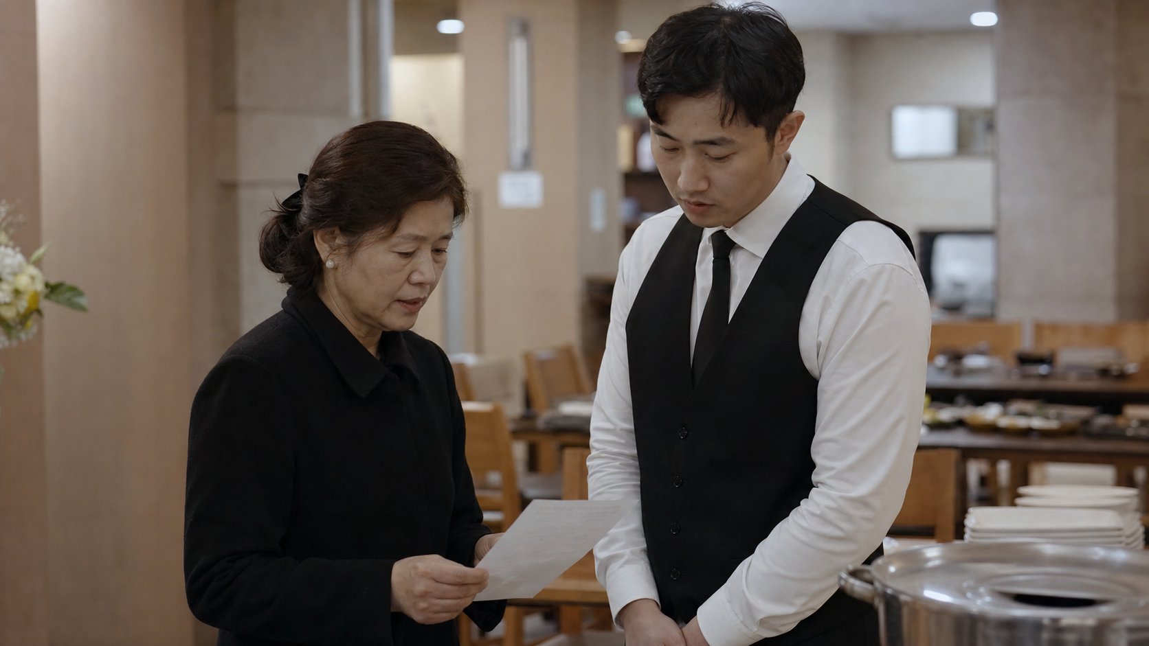 접객실에서 남은 음식과 식대 정산 내역을 확인하는 유족