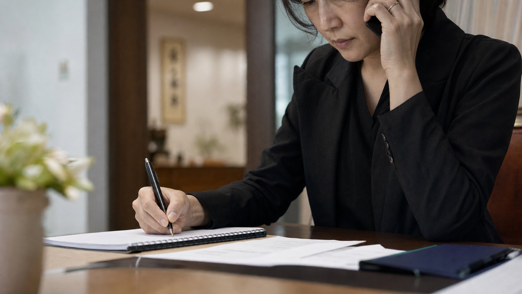 통화하며 견적 항목을 메모지에 적는 가족의 손