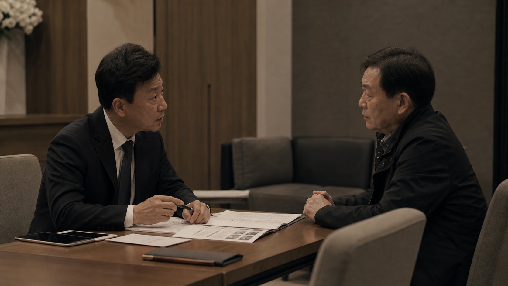 장례지도사와 상주가 마주 앉아 절차를 상담하는 모습