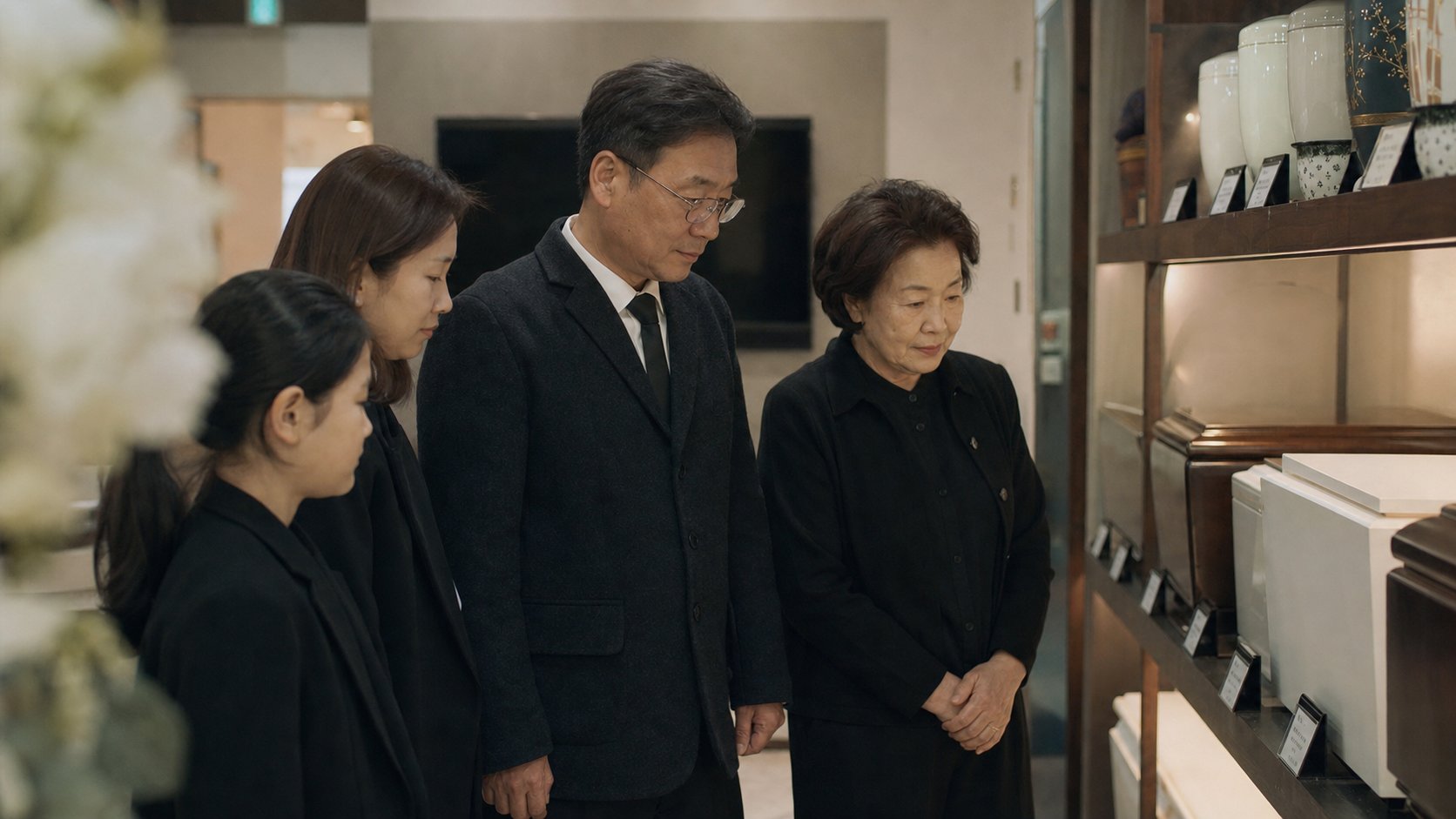 장례용품 전시 공간에서 관과 유골함 등급별 가격표를 살펴보는 유족