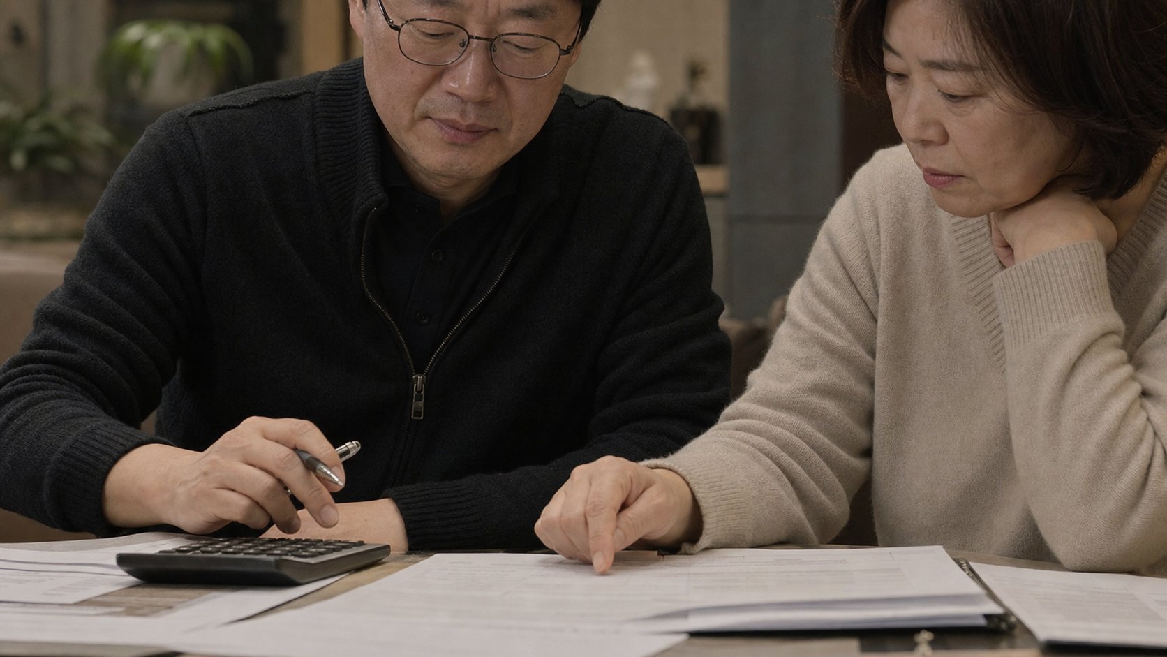 계산기와 견적서를 앞에 두고 예산을 계획하는 손과 서류