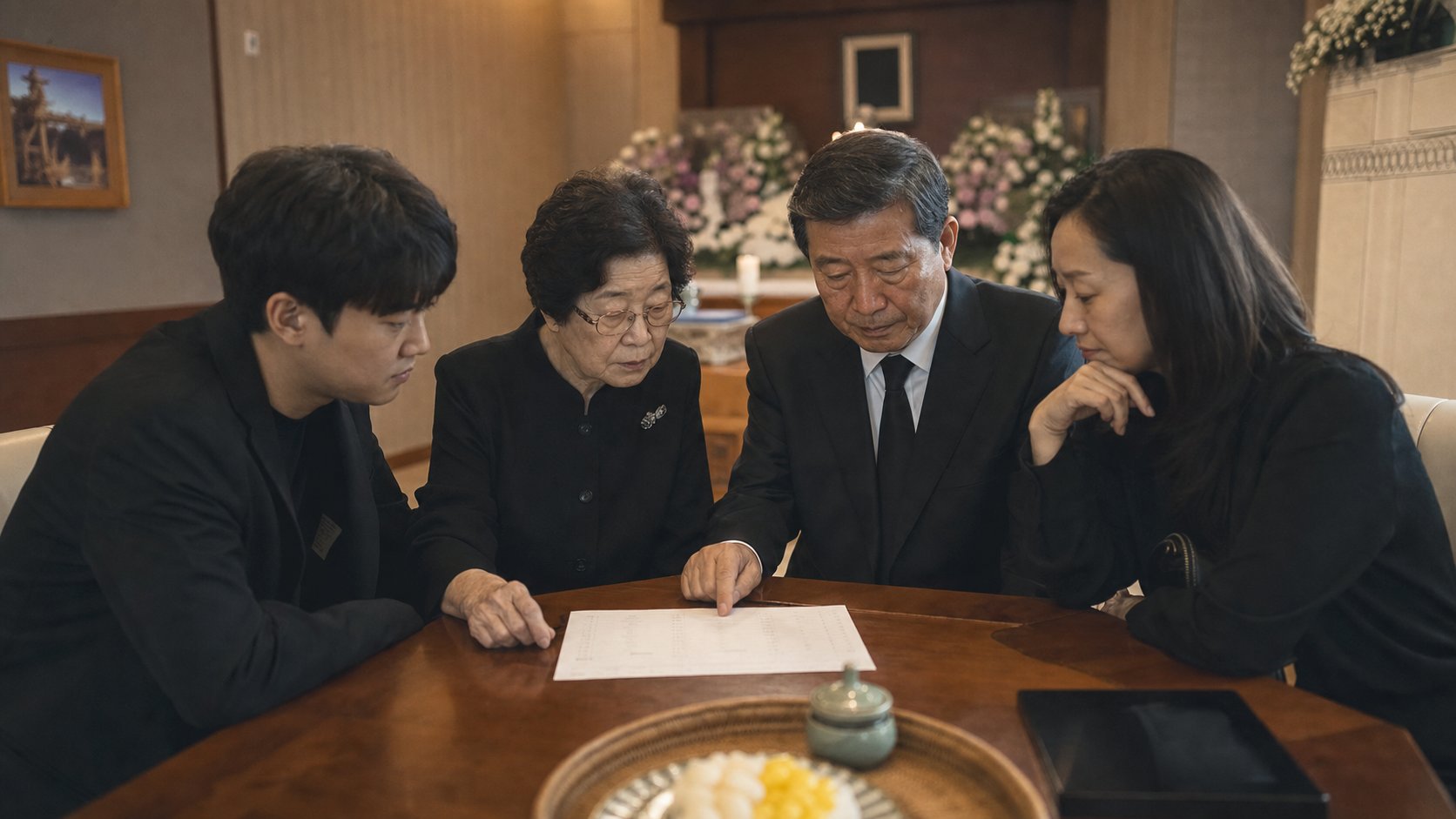 가족들이 3일장 예산 계획표를 보며 상의하는 모습