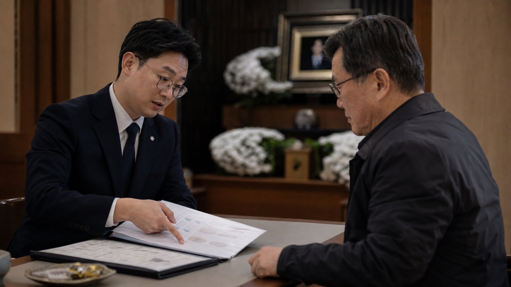 장례지도사가 상주에게 발인 일정표를 보여주며 순서를 짚어주는 모습