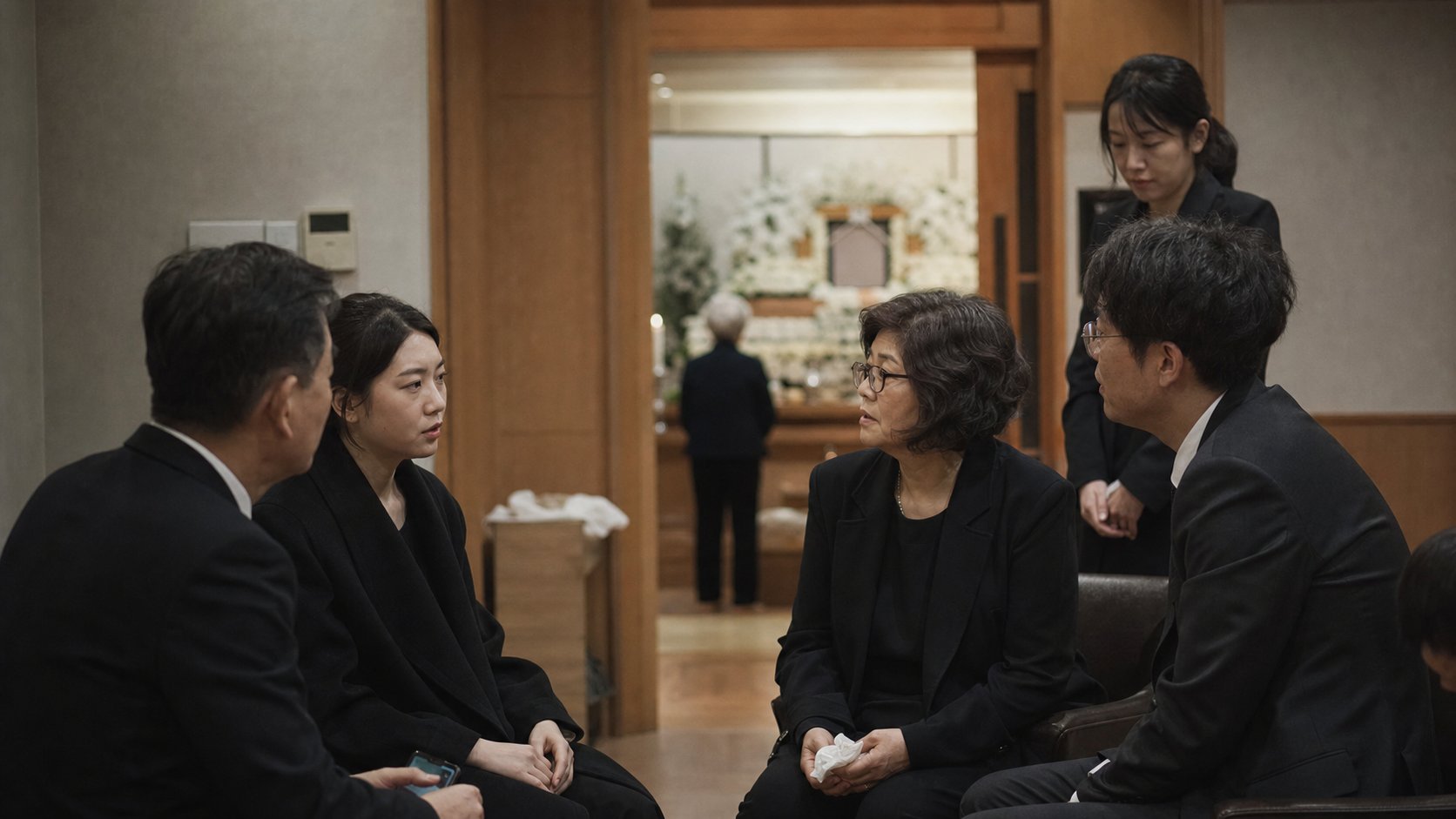 빈소 앞 대기실에 모여 역할을 나누며 상의하는 가족