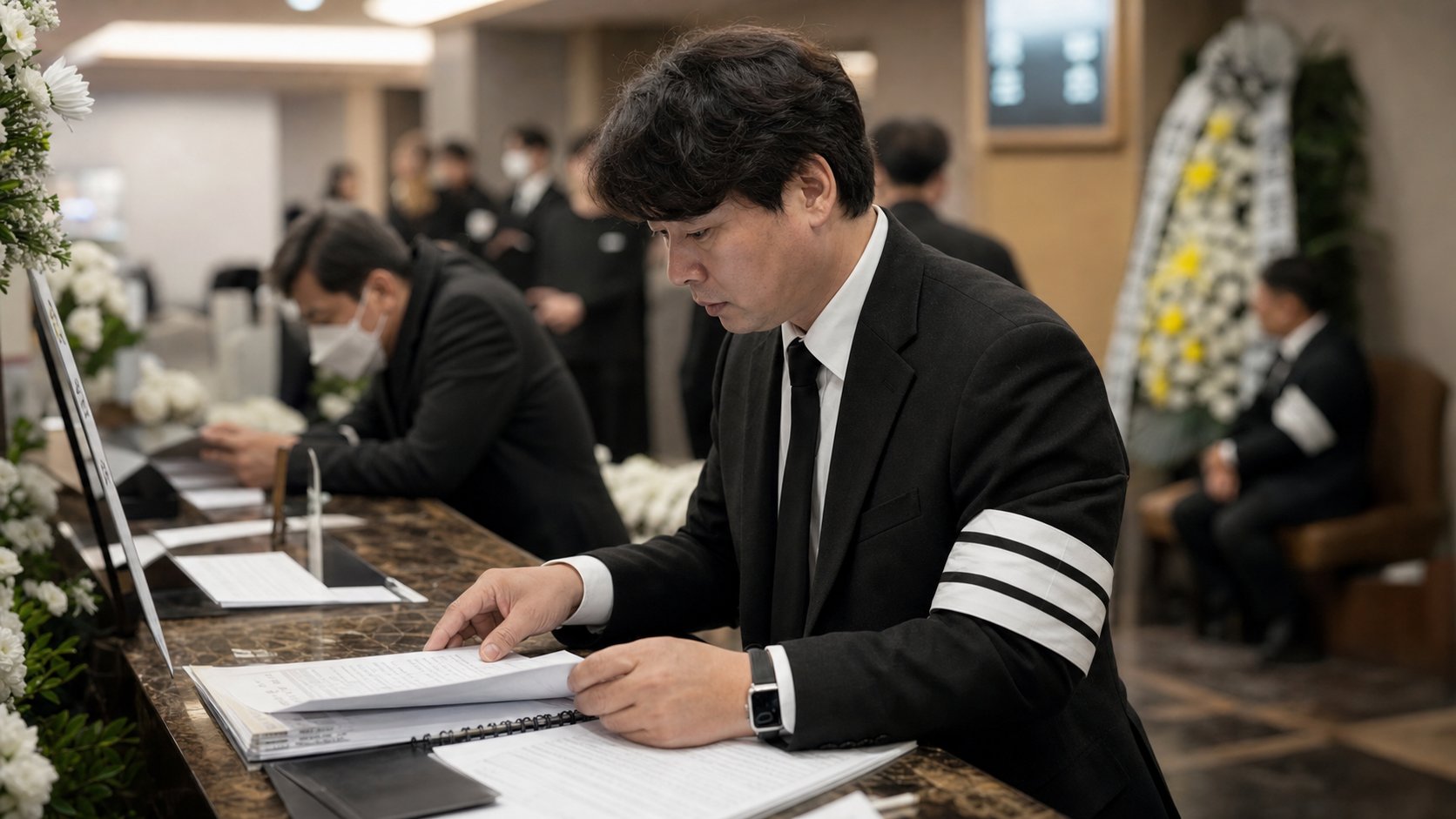 빈소에서 방명록과 서류를 앞에 두고 다음 절차를 확인하는 상주