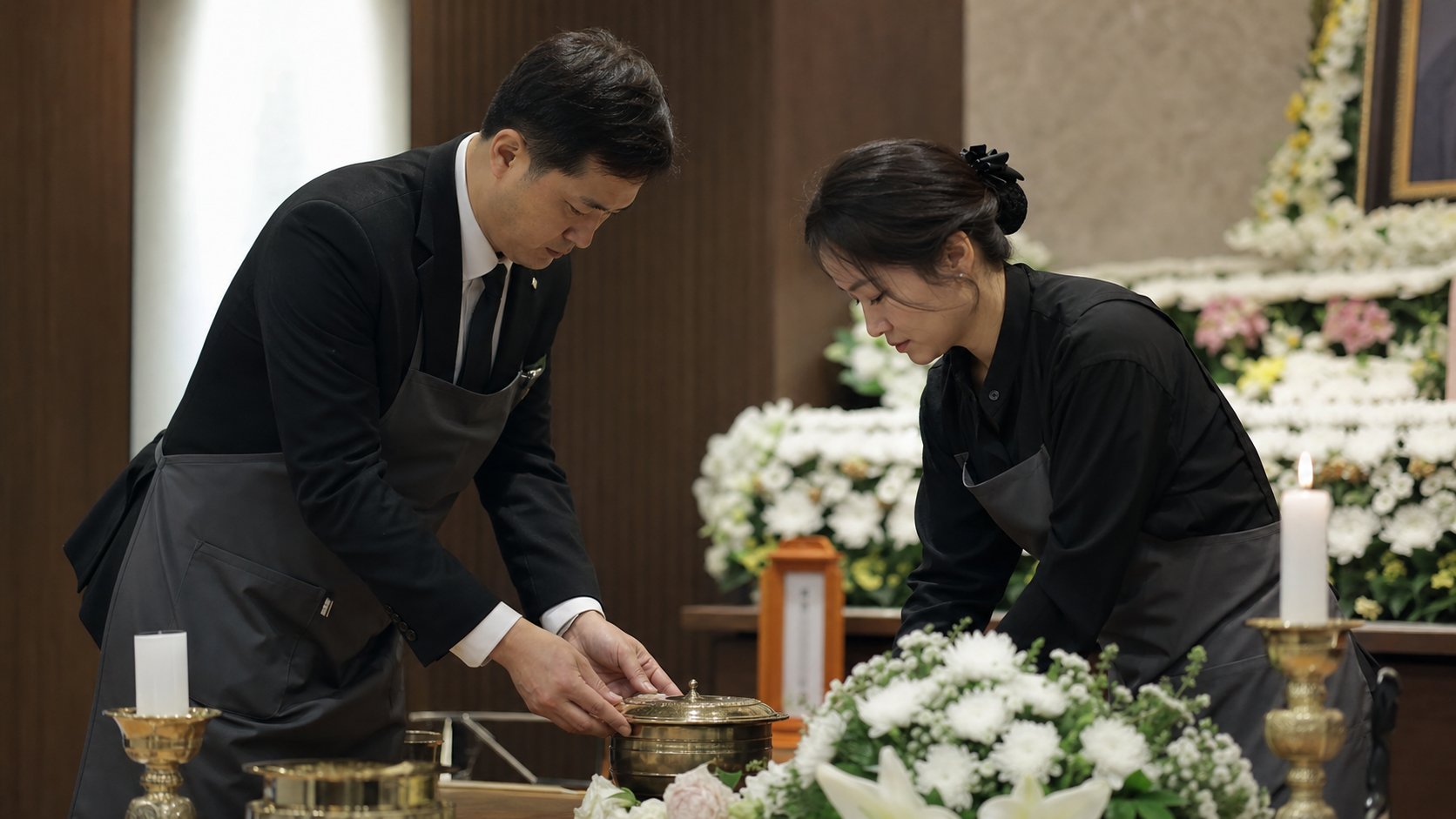 상조 장례지도사와 도우미가 빈소에서 장례 진행을 준비하는 모습