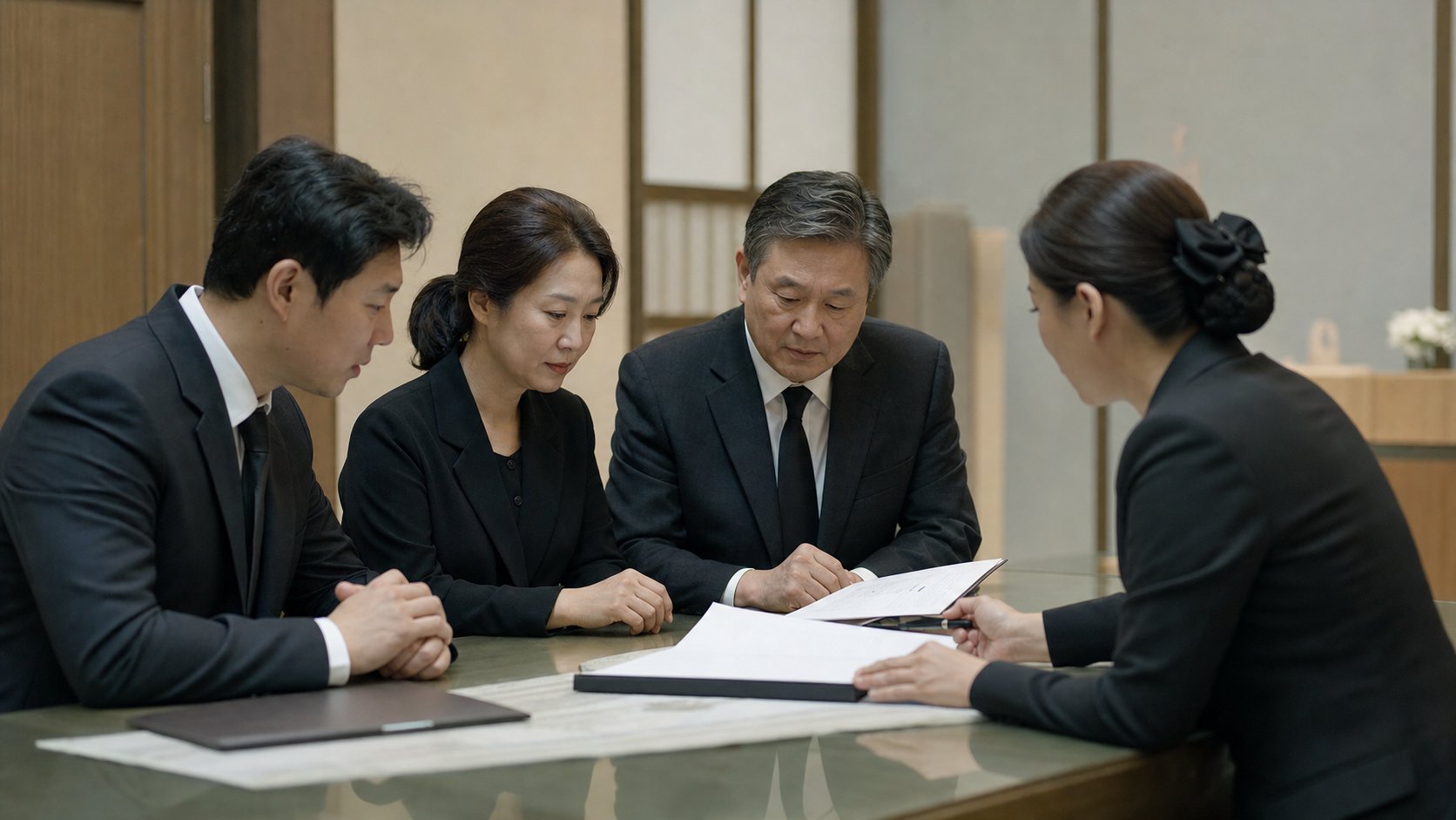 장례식장 상담실에서 시설 비용 계약서를 확인하는 유가족