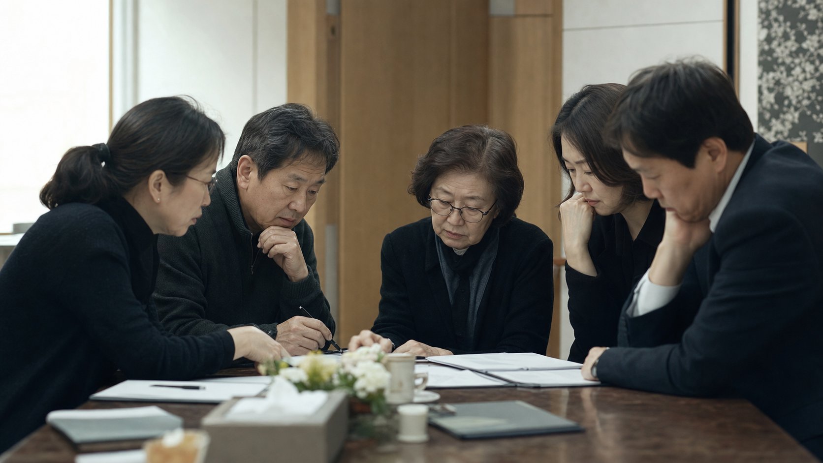상조와 장례식장 서류를 대조하며 점검하는 가족