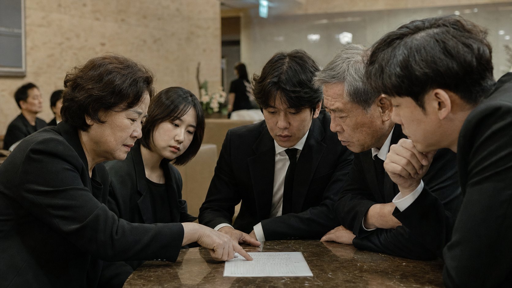 장례식장 로비에서 가족이 모여 부고 보낼 명단을 상의하는 모습