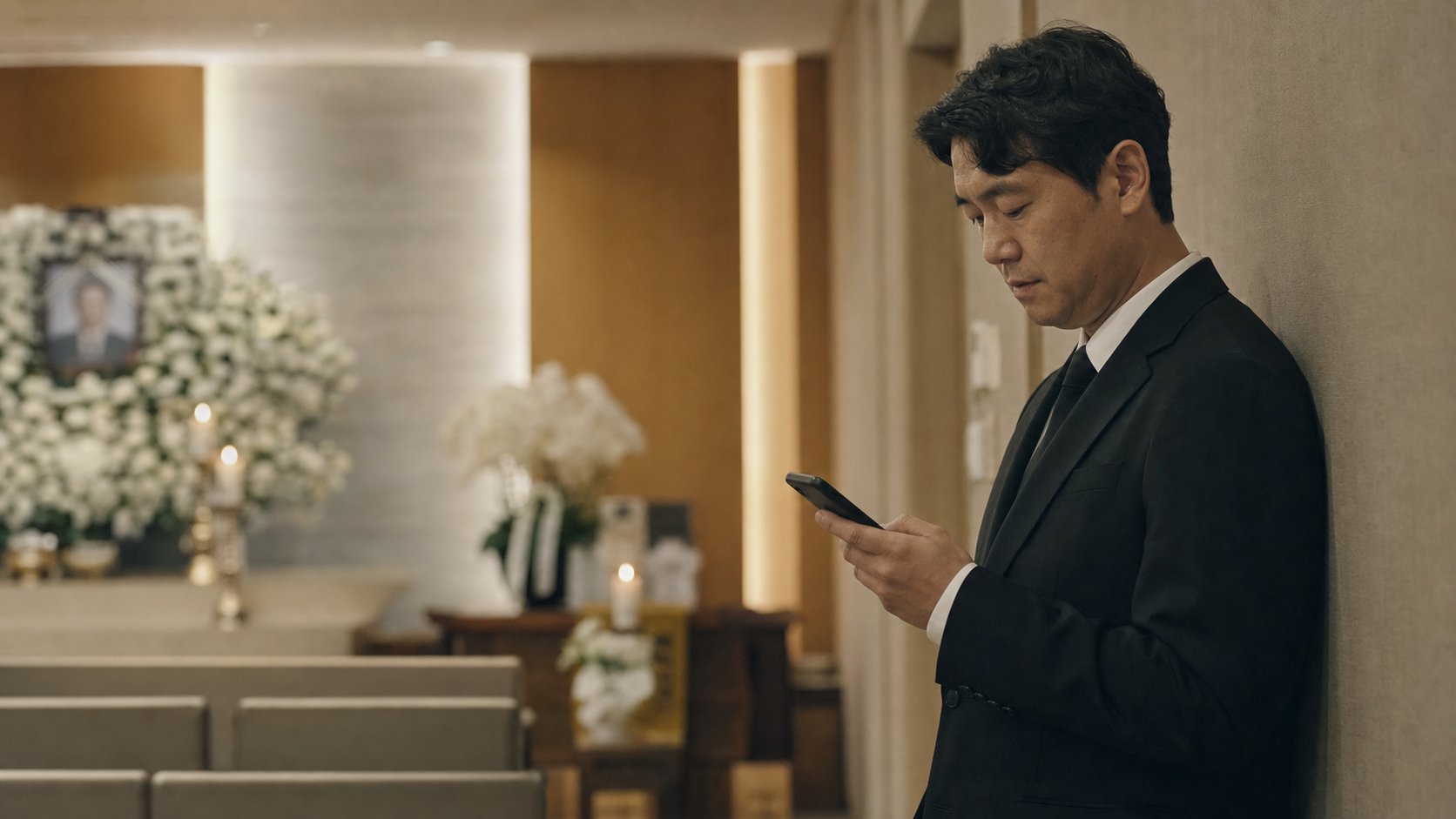 빈소에서 부고 문구를 다시 확인하는 상주