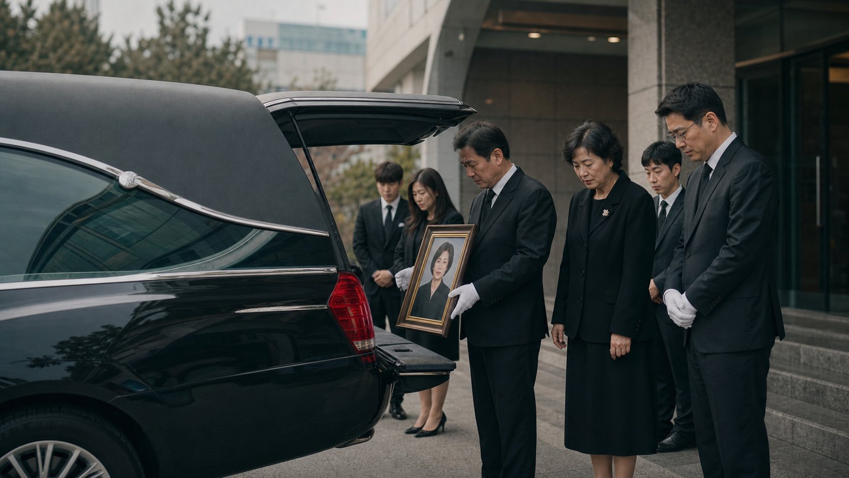 장례식장 현관에서 영구차 곁에 서서 발인을 준비하는 가족