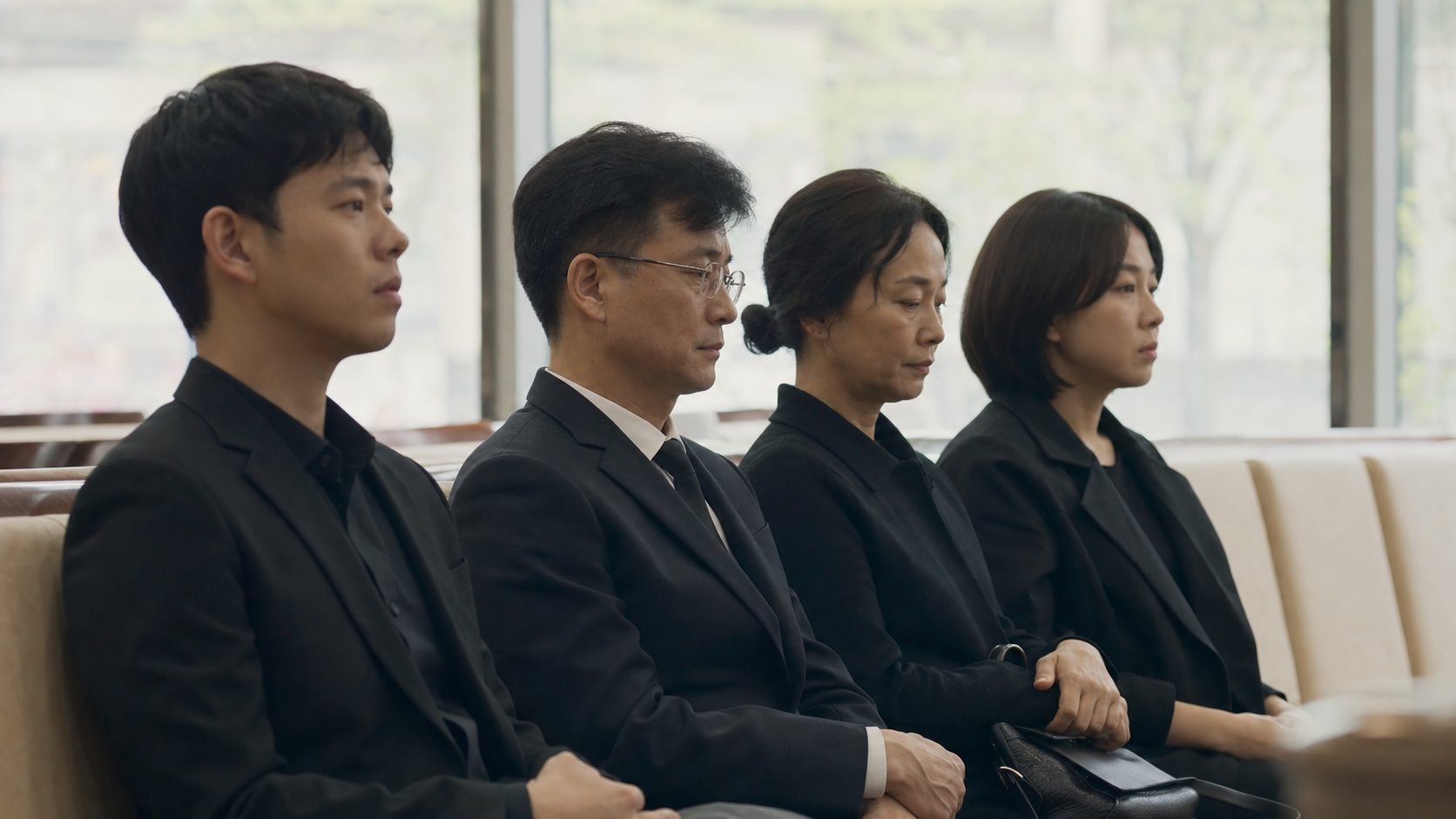 화장장 대기실에서 조용히 기다리는 유족
