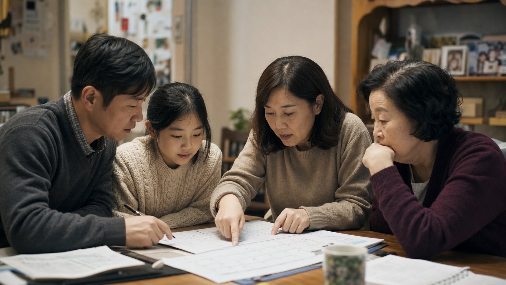 달력과 서류를 앞에 두고 발인 날짜를 상의하는 유족