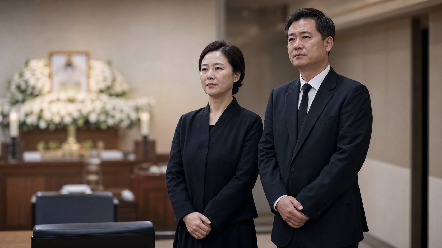 검은 상복을 갖춰 입고 조문객을 맞이하는 남녀 유족