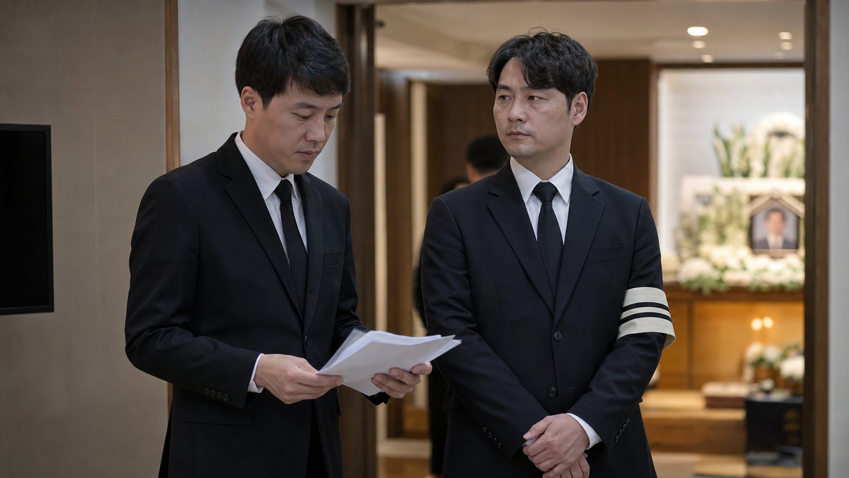 완장을 두른 상주와 실무를 돕는 친척이 함께 빈소를 지키는 모습
