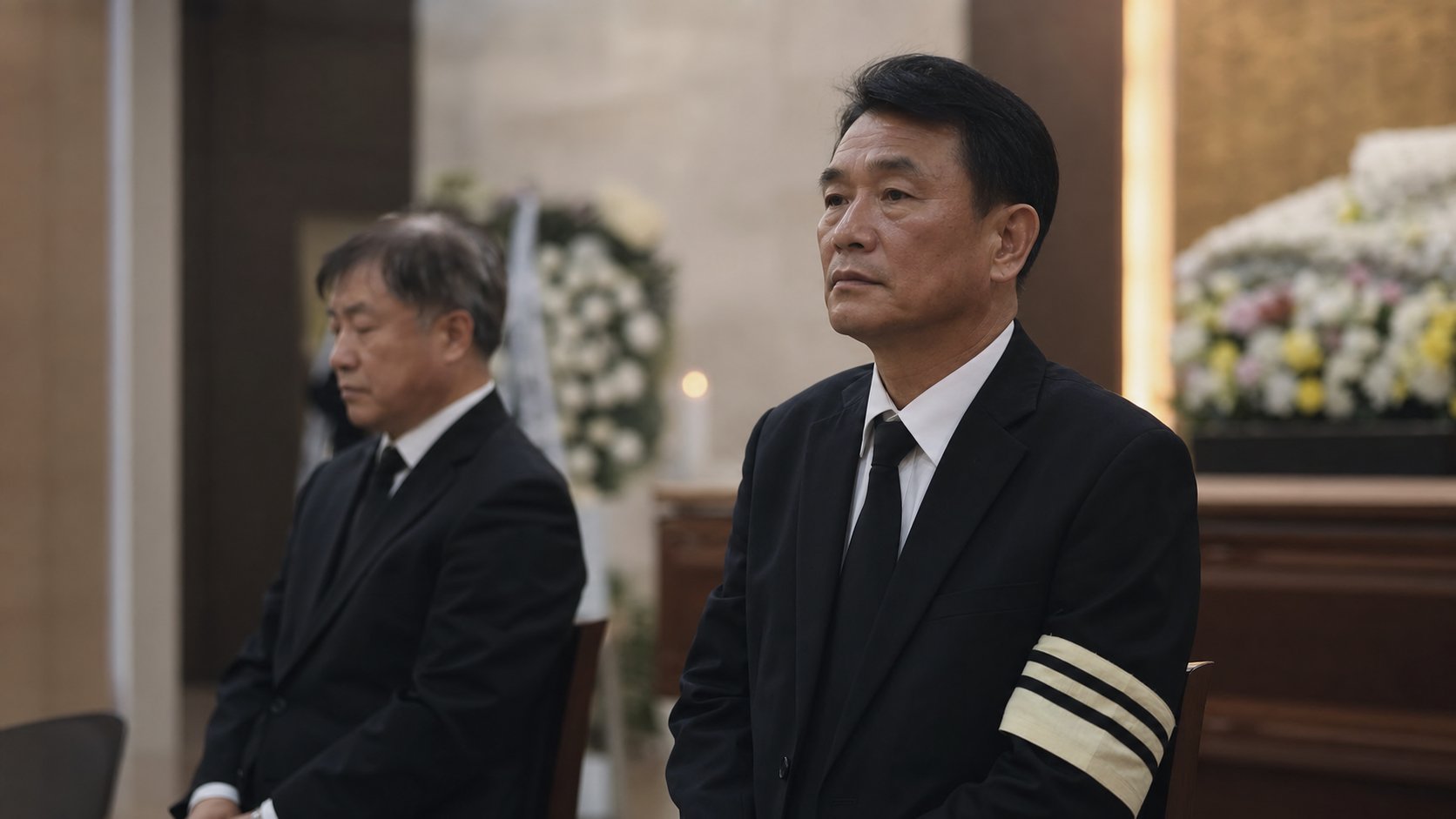 상주 곁에서 다른 유족이 함께 빈소를 지키는 모습