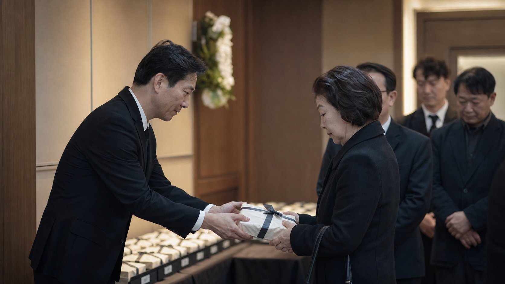 접객실 한쪽에 놓인 답례품과 조문객에게 건네는 손