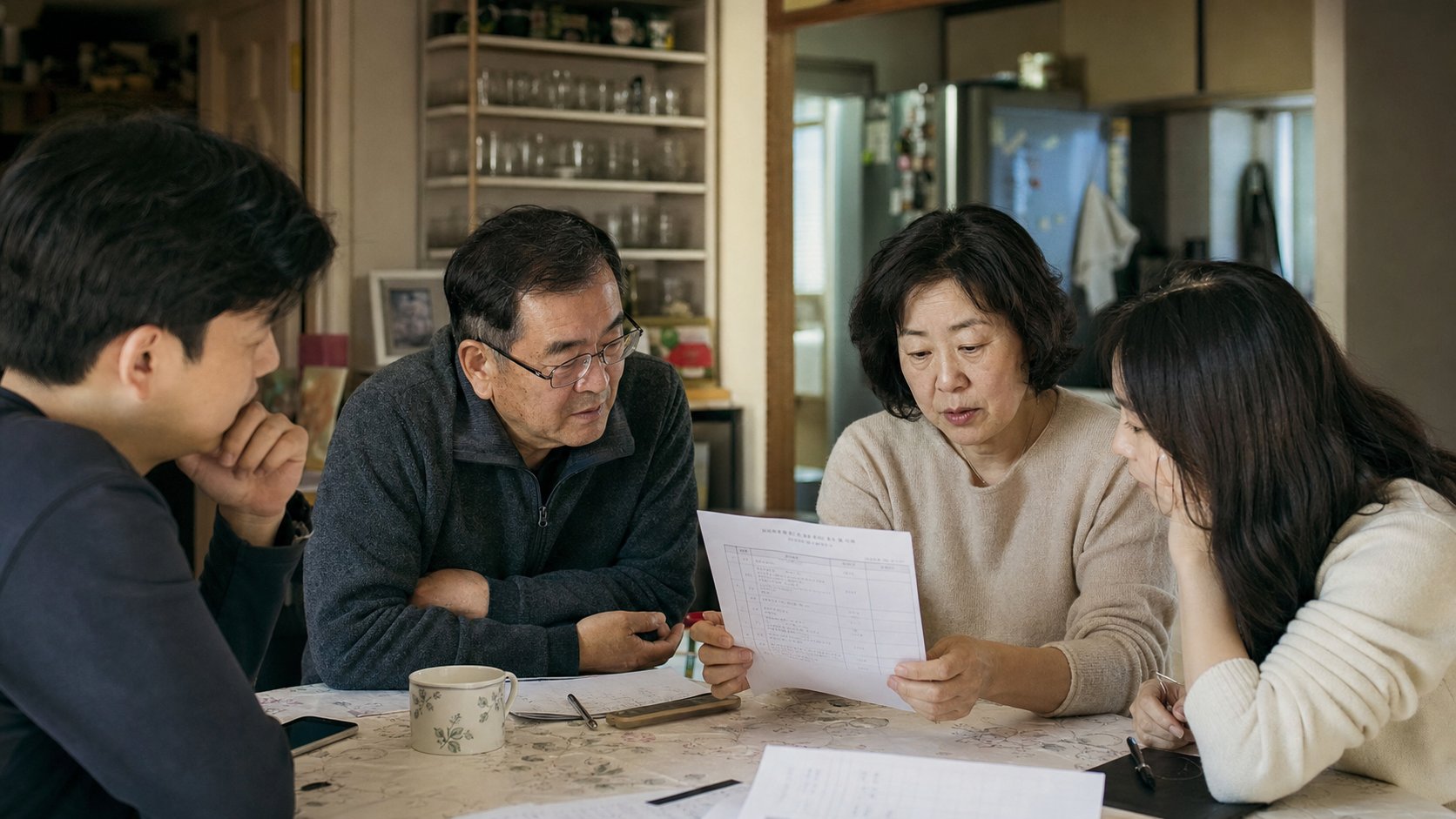 가족이 둘러앉아 처리할 행정 항목을 나누며 목록을 확인하는 모습
