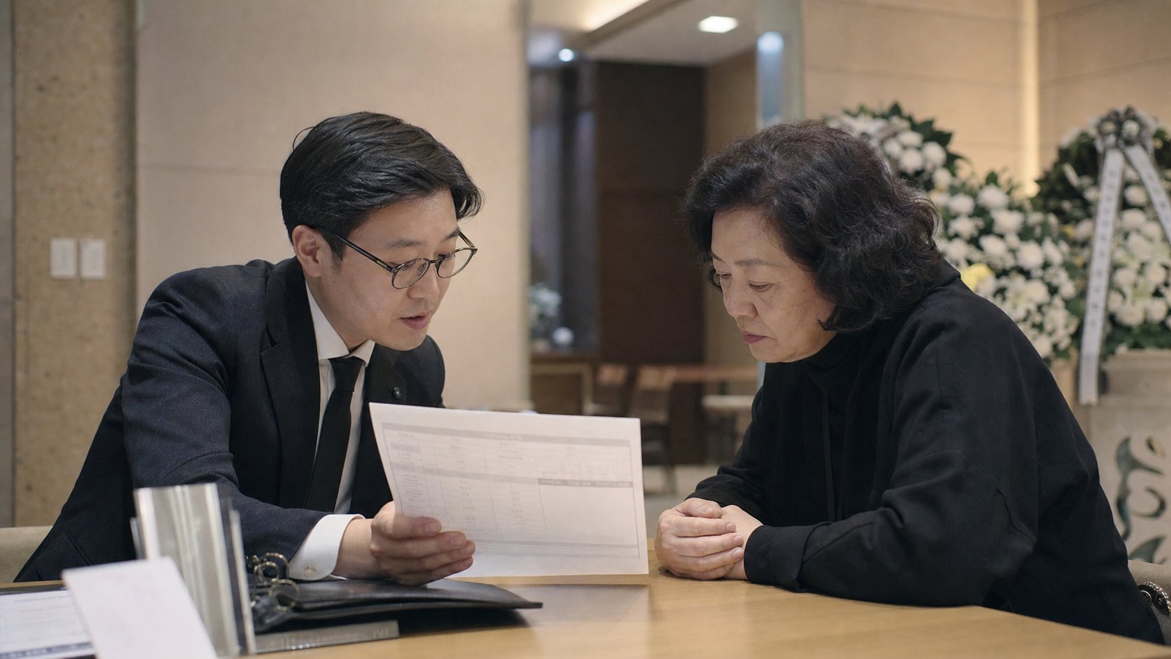 장례식장 상담 데스크에서 직원이 수의 견적서를 설명하는 모습