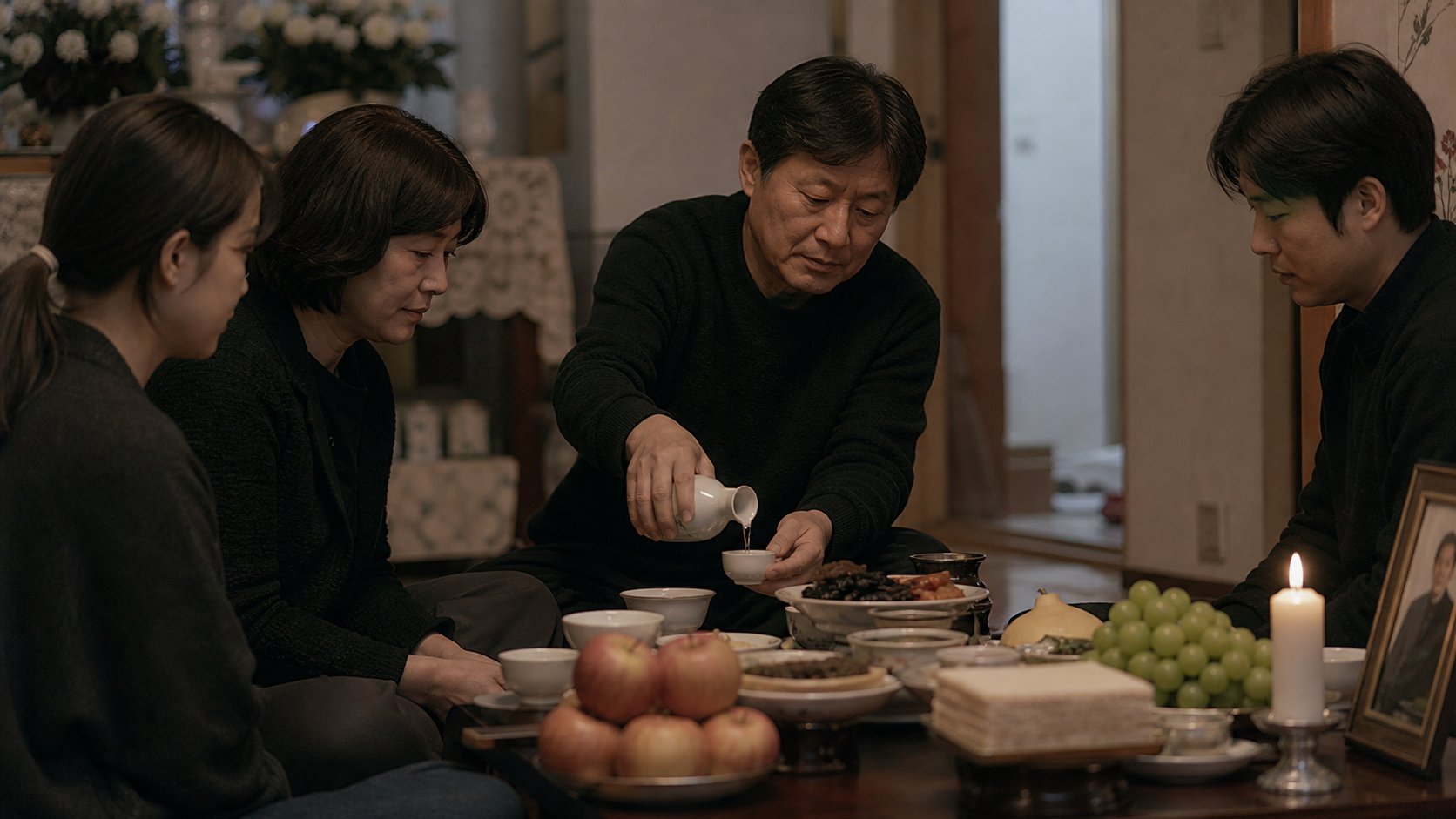 가족이 모여 고인을 기리며 잔을 올리는 조용한 장면