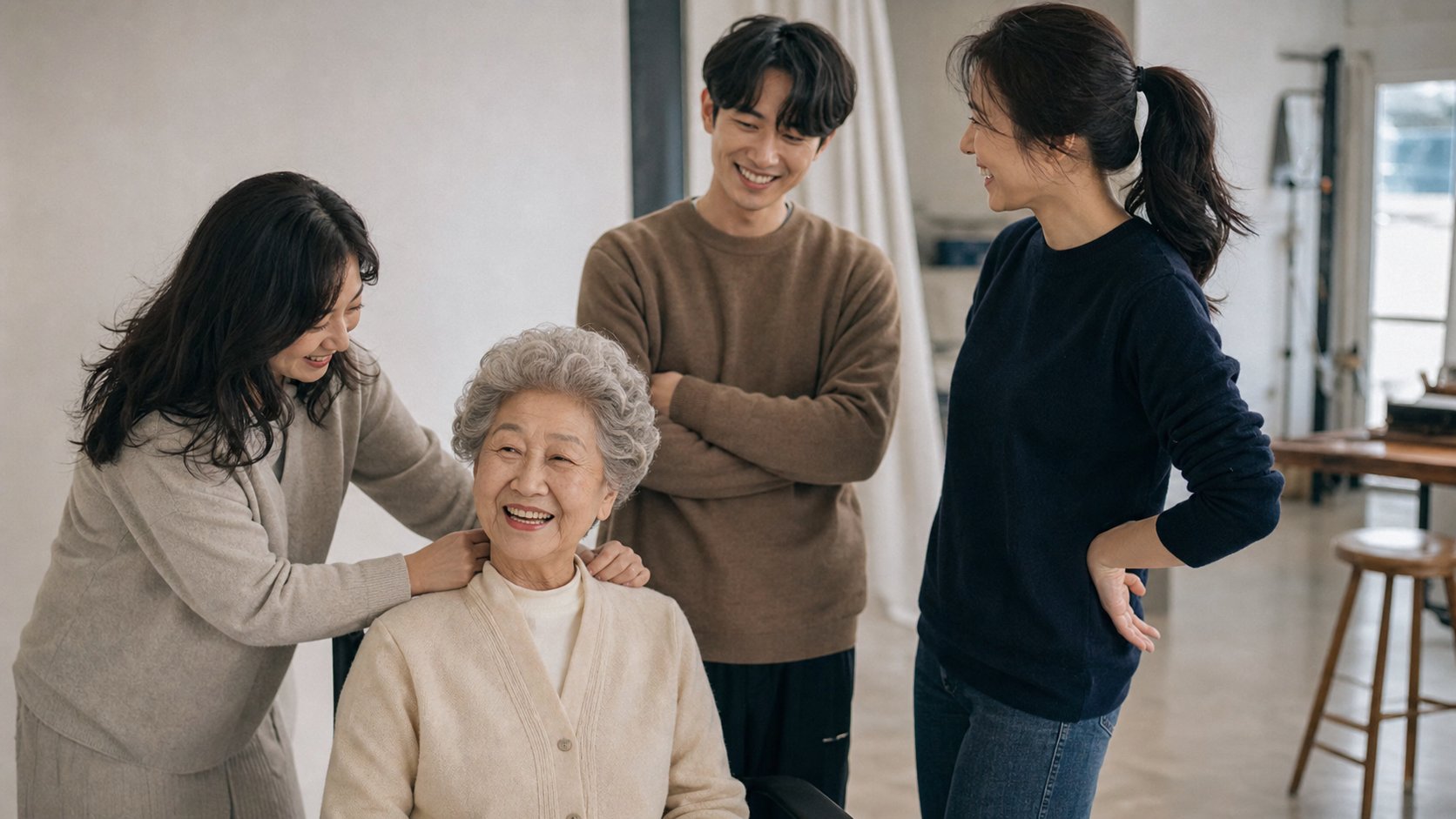 건강한 어르신이 가족과 함께 사진관에서 편안하게 촬영하는 모습