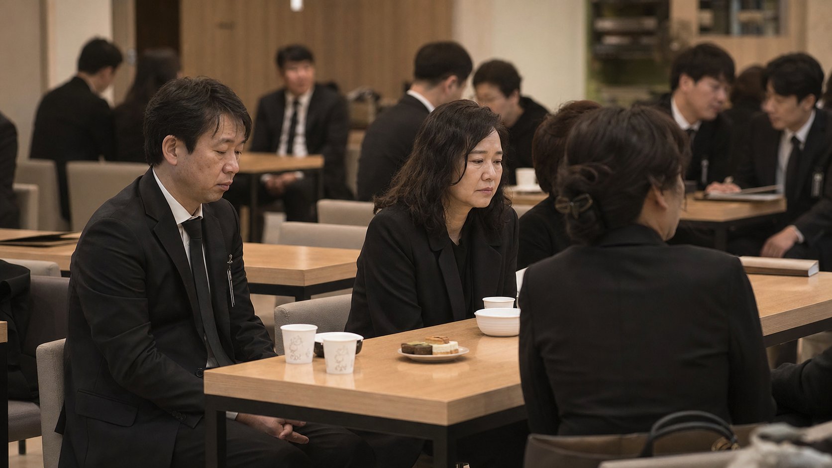 장례식장 접객실에서 조문객들이 조용히 앉아 있는 저녁 풍경